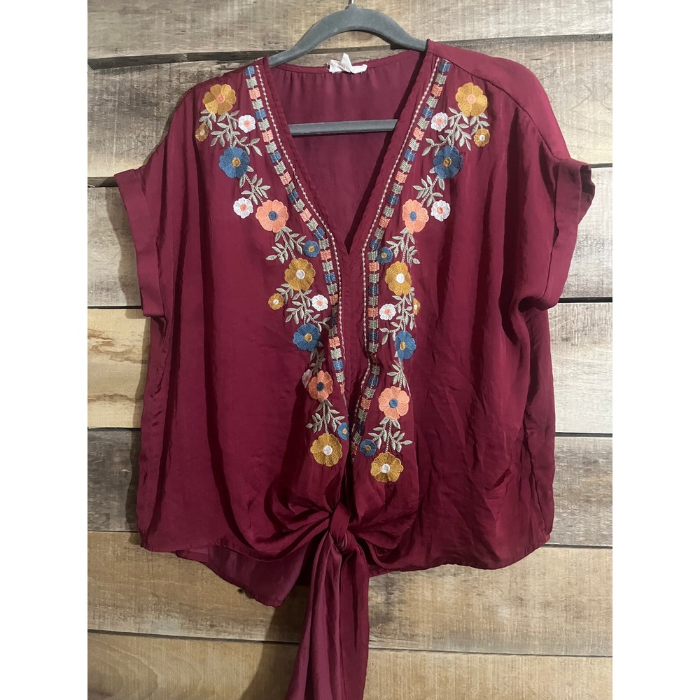 Entro Burgundy Floral Embroidered V-Neck Tie Front Boho Blouse Top Small T10375